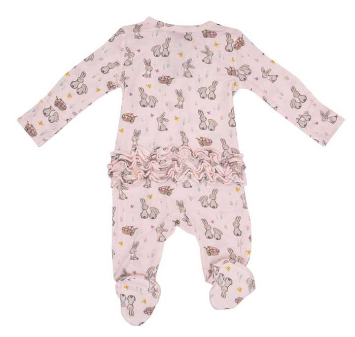 Two Way Ruffle Back Zipper Footie | Pink Bunnies