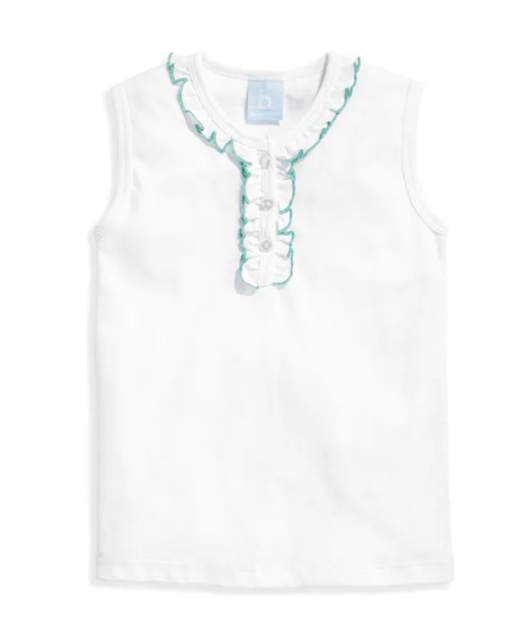 Sleeveless Pima Ruffle Tee | White w/Green