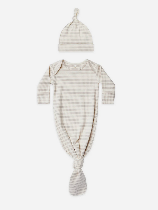 Knotted Baby Gown & Hat Set | Silver Stripe
